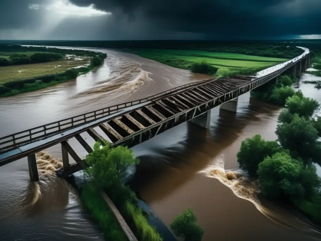 A poignant image captures the aftermath of flood damage to a bridge, swaying in the turbulent water as clouded skies loom above