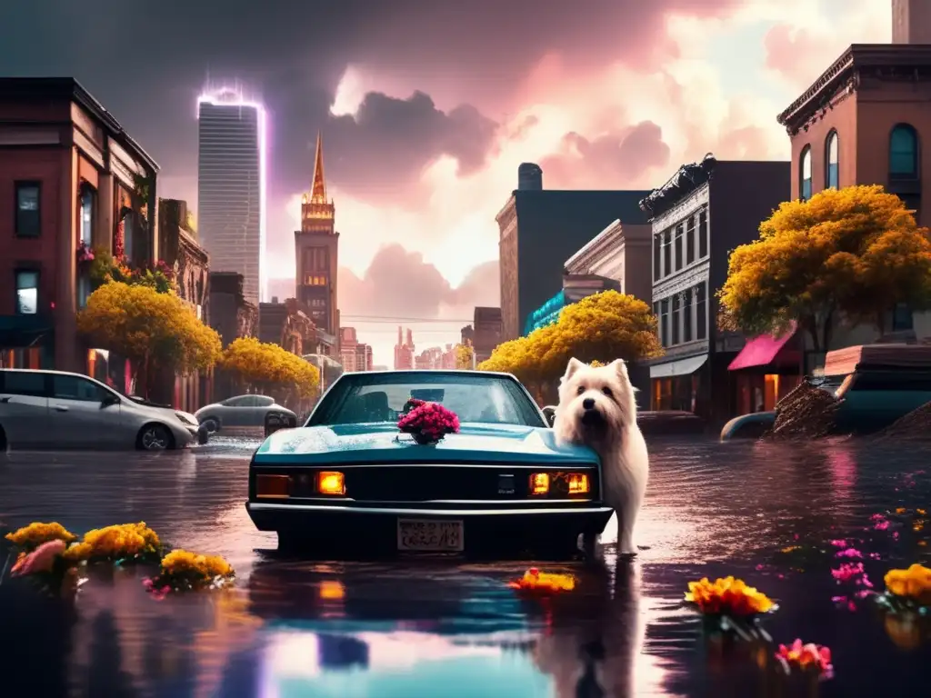 A dramatic image of a flooded city, with a lone dog looking out from a car roof, and the sun peeking through the clouds in the distance