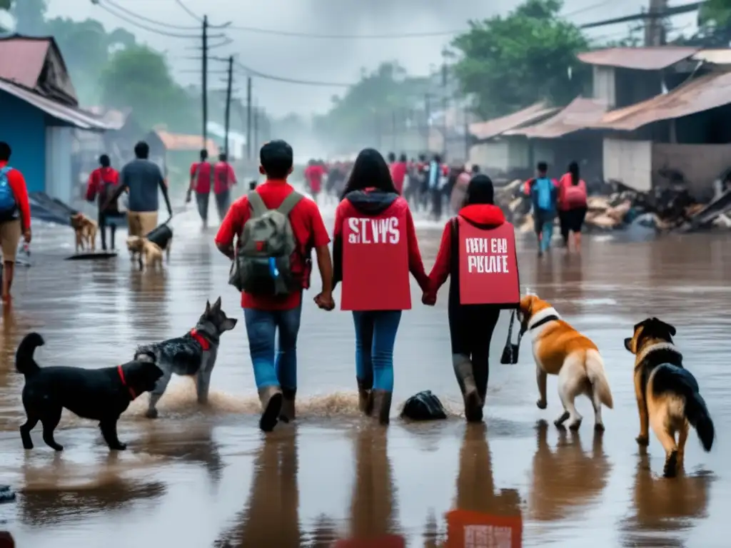 People holding hands and trudging through a flooded city, with children in red shirts and backpacks, dogs and cats in the background