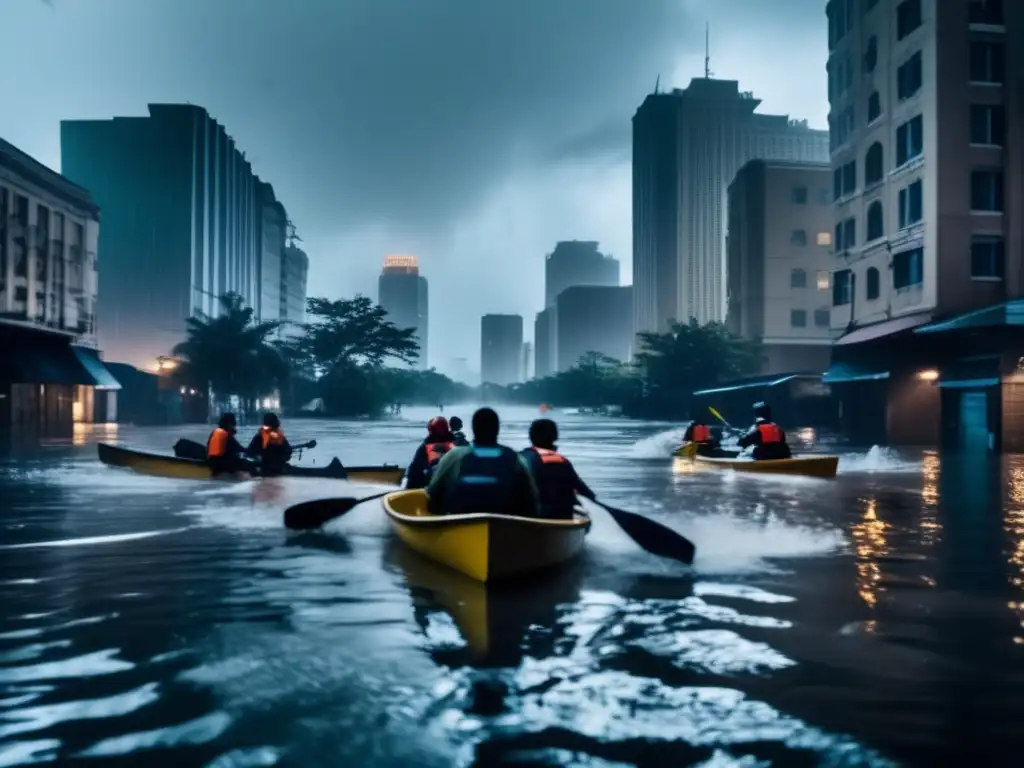 A cinematic shot of a flooded cityscape, tall buildings submerged, debris scattered