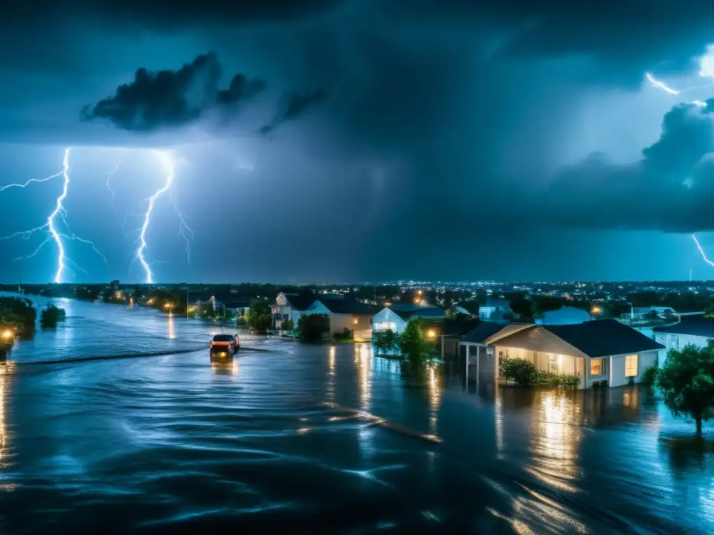 A haunting image of a flooded cityscape during a hurricane, capture your attention with its ultradetailed 8k resolution