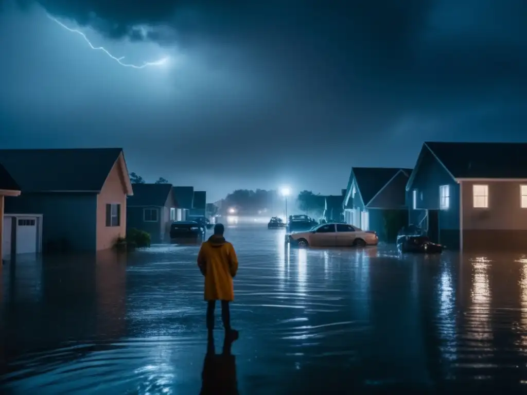 A cinematic image of a flooded cityscape at night, with buildings and cars submerged in water