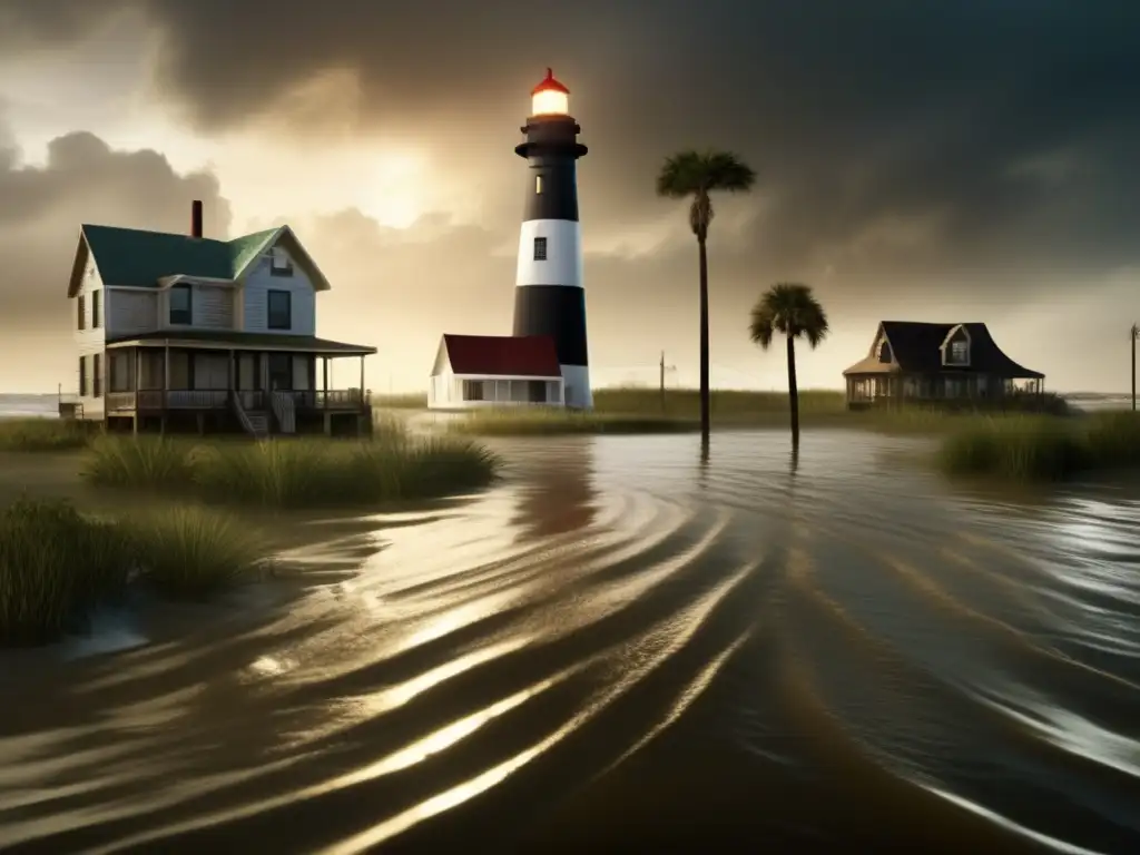 Amidst ruin, a lighthouse stands tall on flooded Galveston Island, a beacon of hope in the wake of Hurricane Ike's devastating onslaught