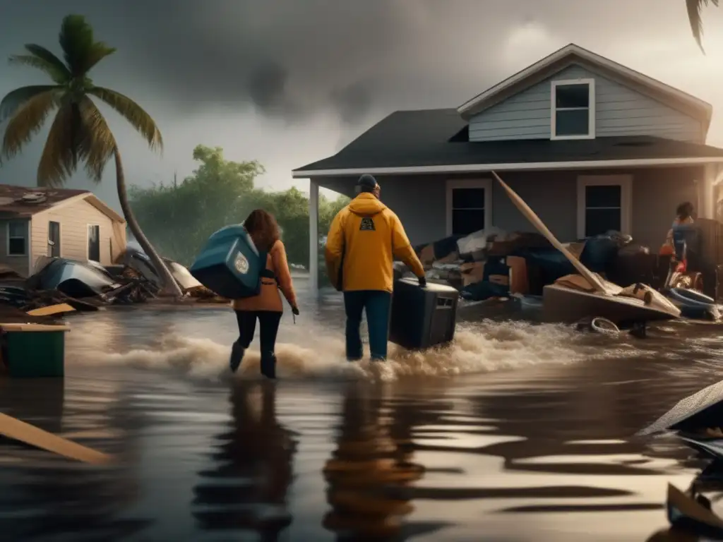 In the aftermath of the hurricane, a couple struggles to salvage belongings in their flooded home