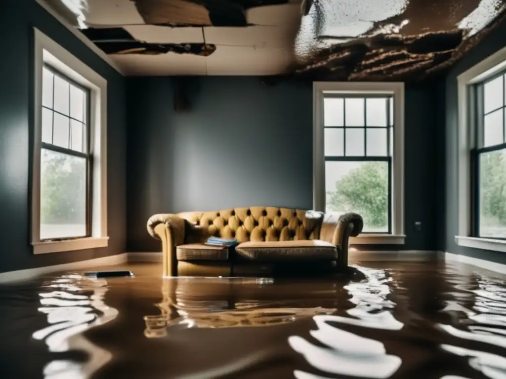 A haunting image of a flooded living room with damaged walls and ceiling, where a flooded couch, coffee table, and muddyBooks scatter the floor