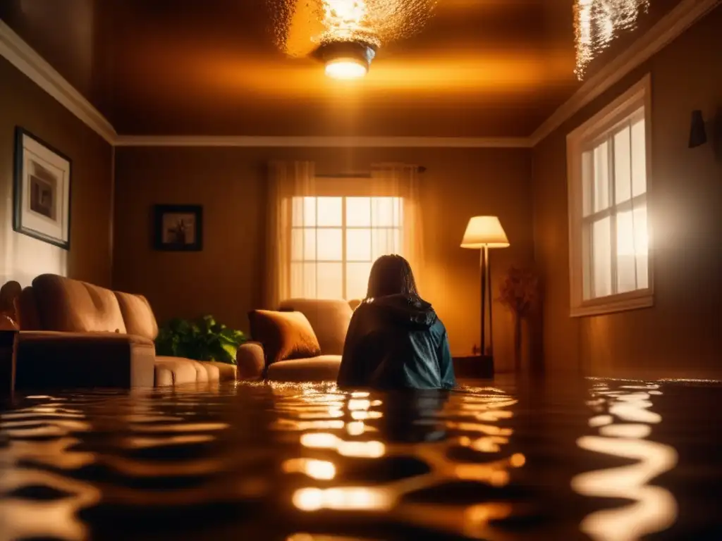 Dash - A heart-wrenching closeup of a flooded living room reveals submerged furniture and a distraught person holding a flashlight