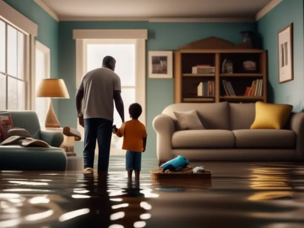 A poignant image of a father and child standing hand in hand, gazing into the flooded living room that holds all their memories, furniture, and keepsakes, taken by the devastating hurricane