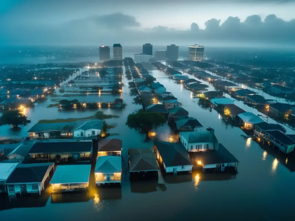 A haunting black and white photograph captures the desolation of a flooded New Orleans street