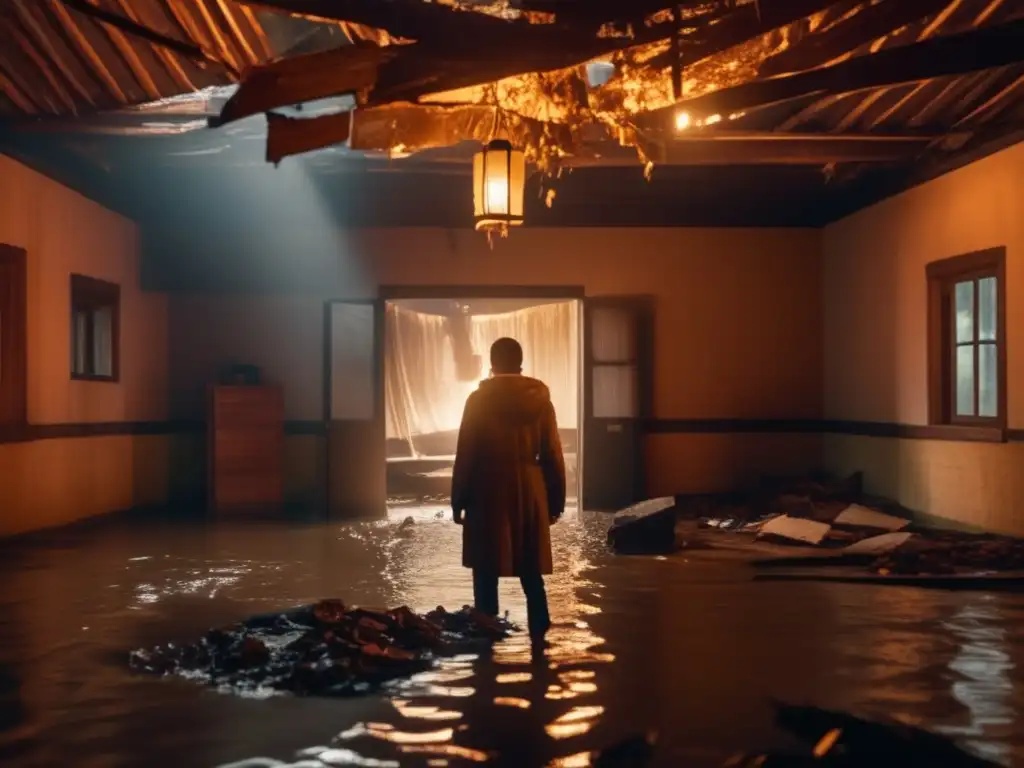 A person stands alone in a flooded room, surrounded by debris and wreckage