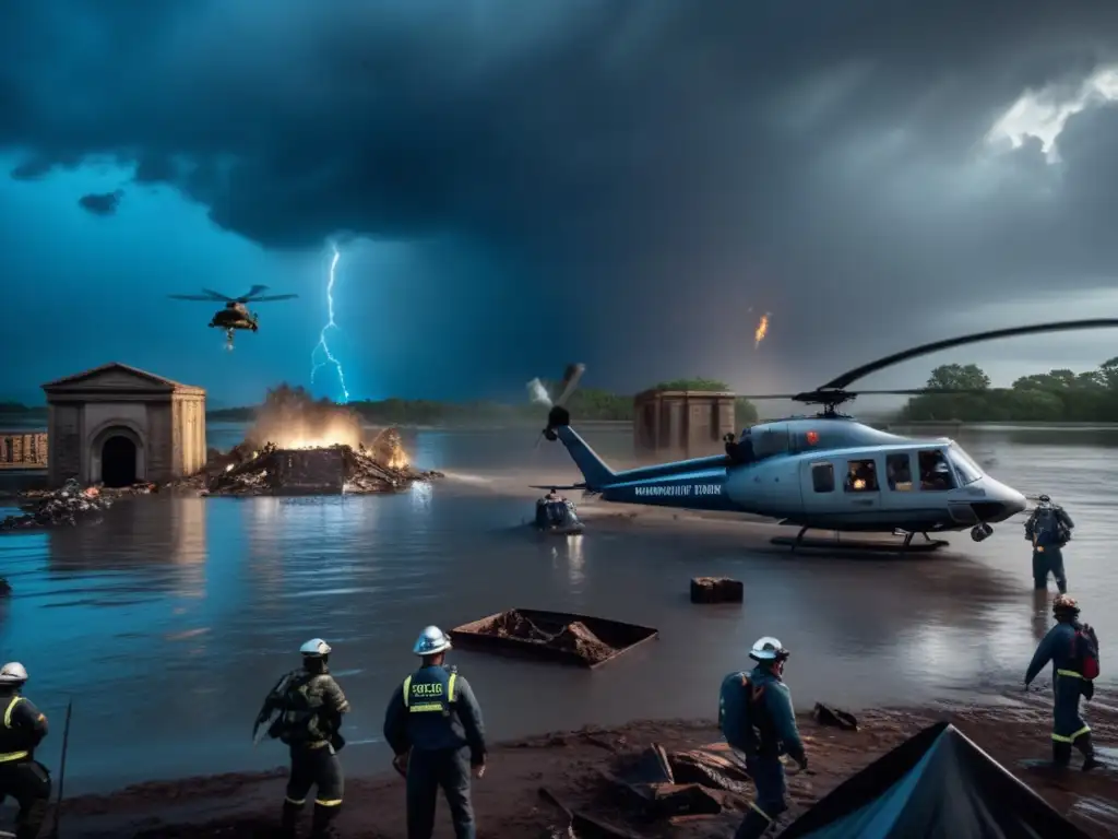 A gripping cinematic shot of a historic site deluged with water and destruction, with rescue teams working valiantly amidst the wreckage