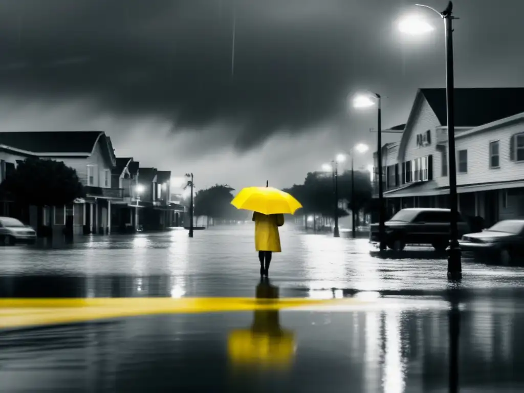 A black and white photograph of a flooded street with a single yellow raincoat and umbrella floating on top of the water