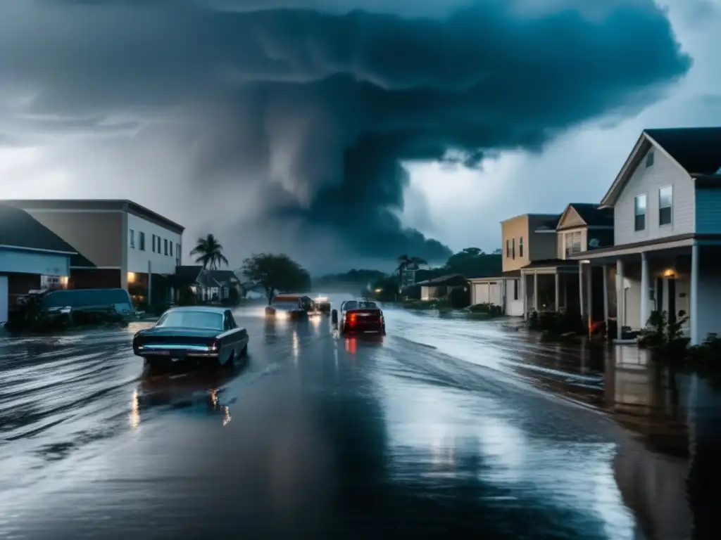 Torrents of water rush down a flooded street during a hurricane, submerging cars in the water and debris floating on the surface