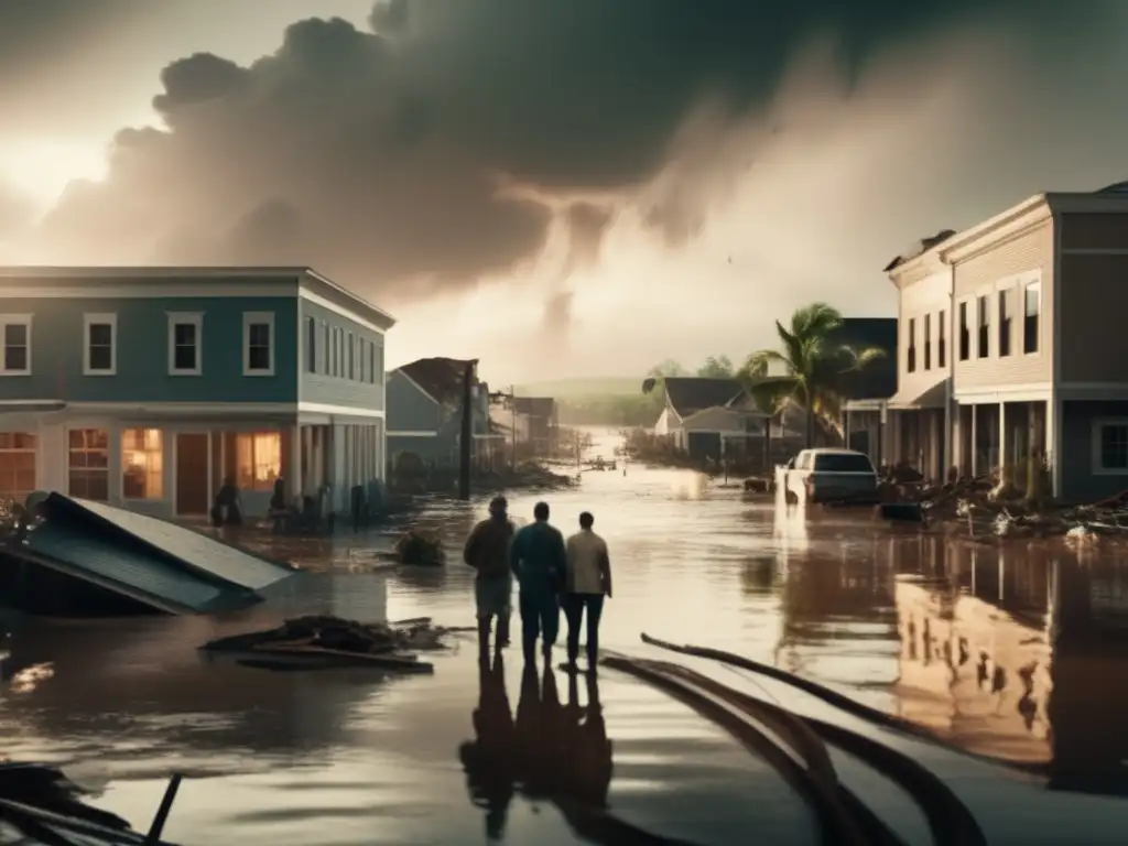 A cinematic-style image of a flooded town in the aftermath of a hurricane shows the devastation caused by natural forces