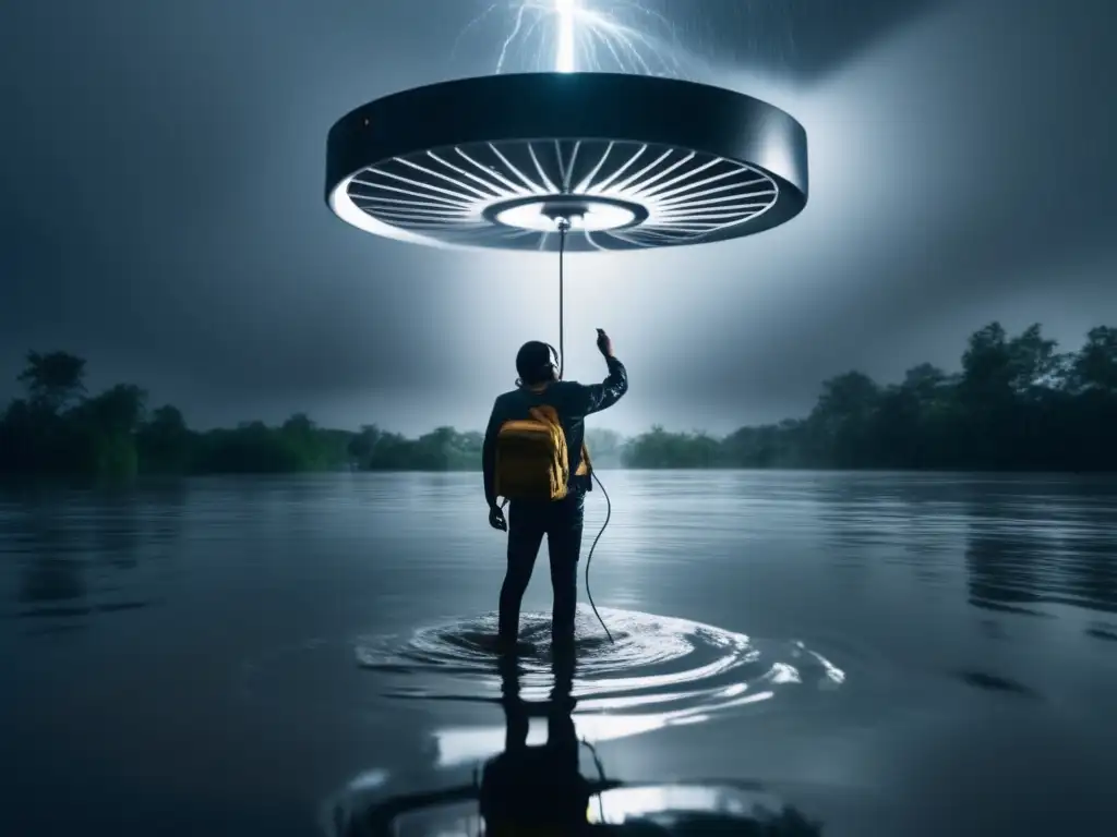 A dramatic image of a person wading through a flooded room, desperately clinging to a radio antenna, with water up to their neck