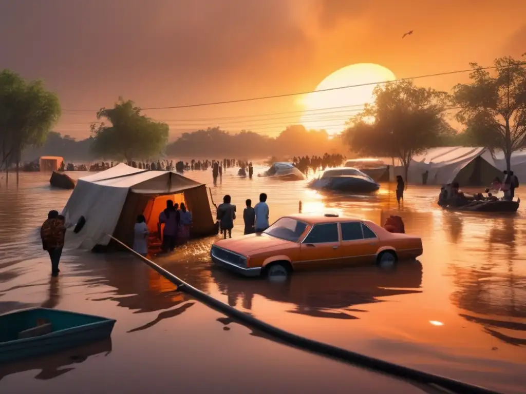 In the aftermath of the storm, people rush out of the flooded and makeshift shelter, with debris and boats floating through the murky water