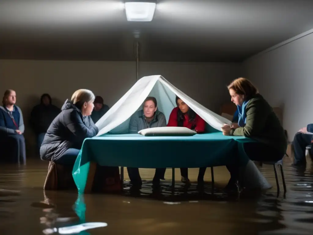 A group of four people gathered under a tablecloth for shelter in a flooded room