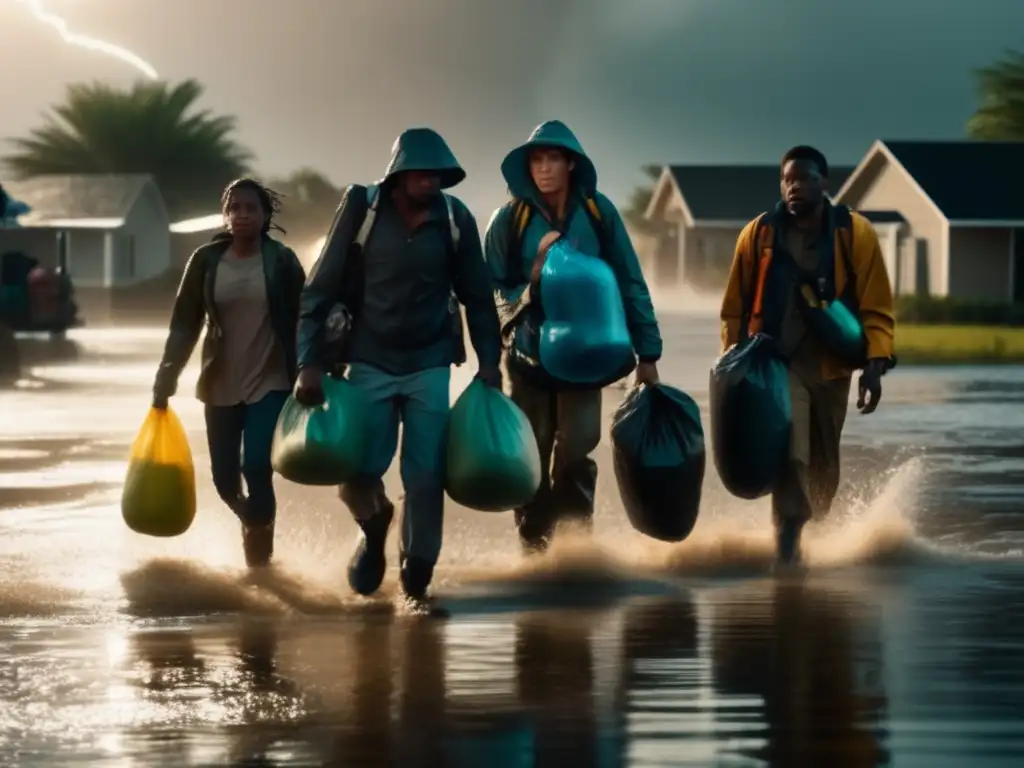 A haunting image of people braving a hurricane in a flooded town with their dry bags clutched tight