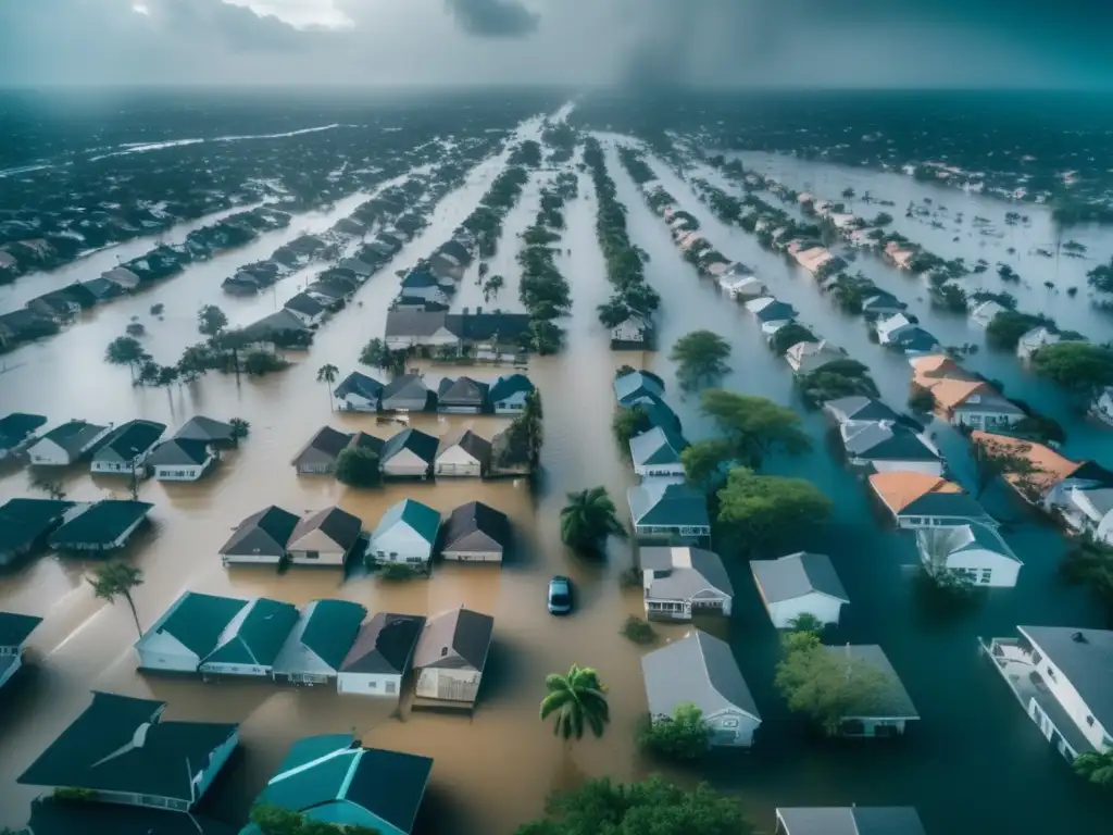 As the hurricane rages, a cityscape is transformed into a sea, with buildings submerged in water and cars floating along the streets