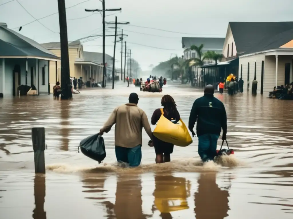 In the shadow of dilapidated buildings and debris, people struggle through murky waters during Hurricane Katrina