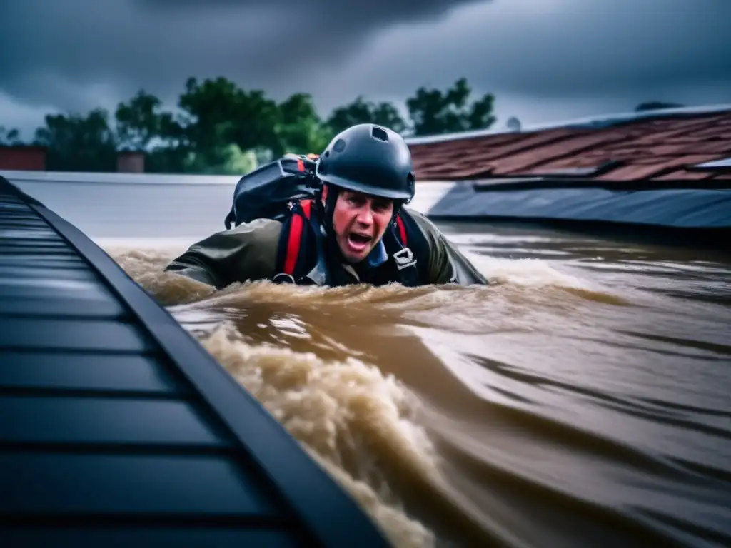 A close-up image of a person being rescued from a rooftop amidst chaos during a severe flood