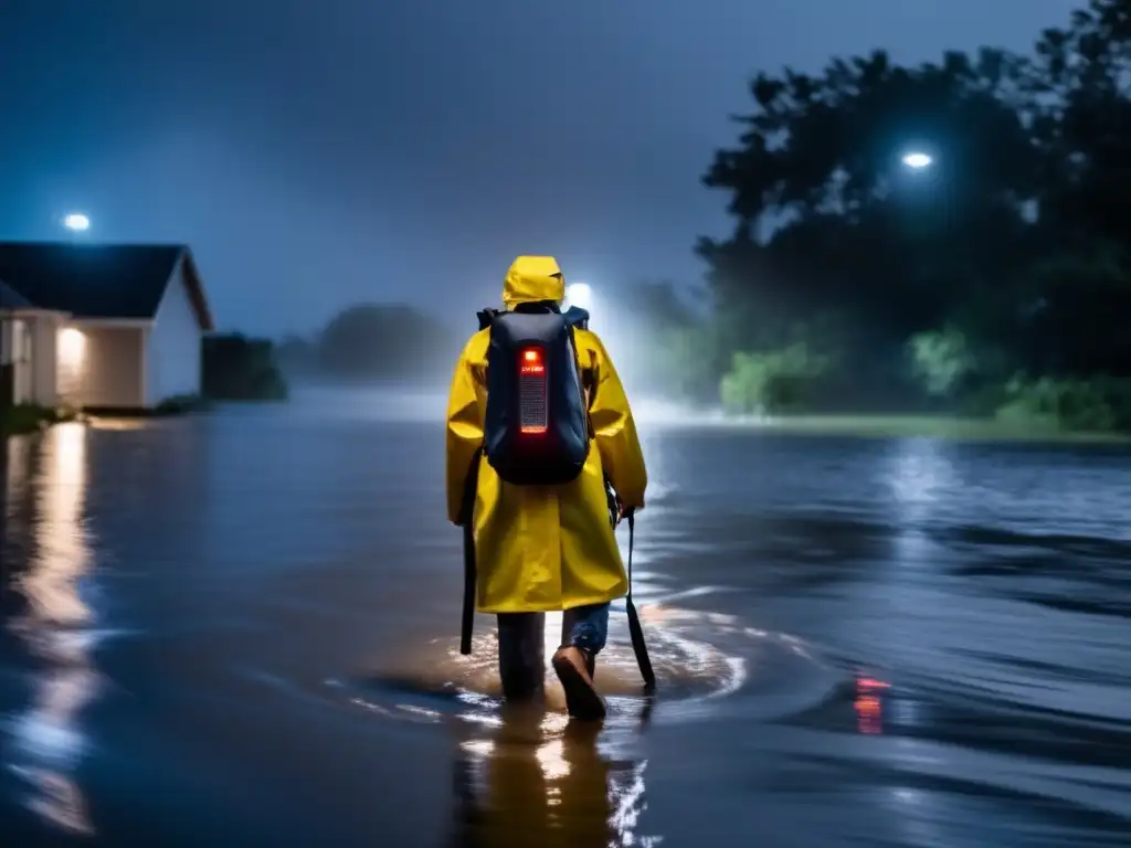 Amidst the chaos of flooded streets, a person stands resolute, backpack holding a glowing handheld emergency radio aloft