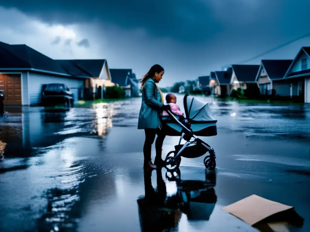 A woman bravely navigates flooded streets, clutching a stroller with a sleeping baby, amidst chaos and destruction