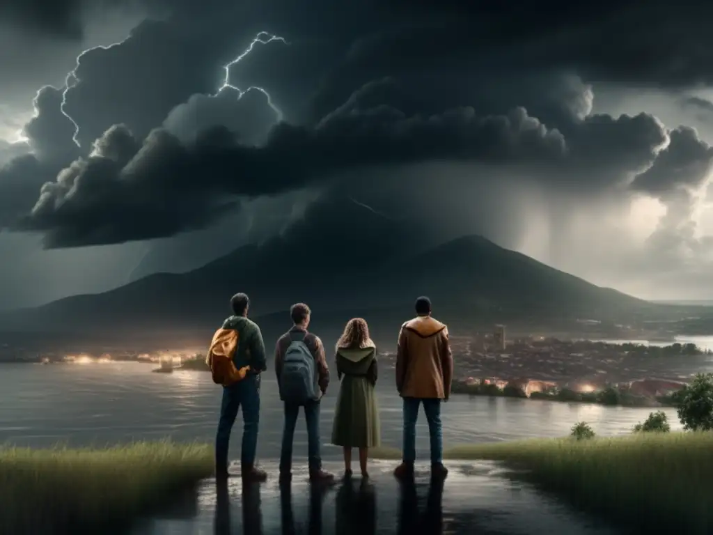 In the aftermath of a hurricane, a group of people stand atop a hill, gazing down upon a flooded city