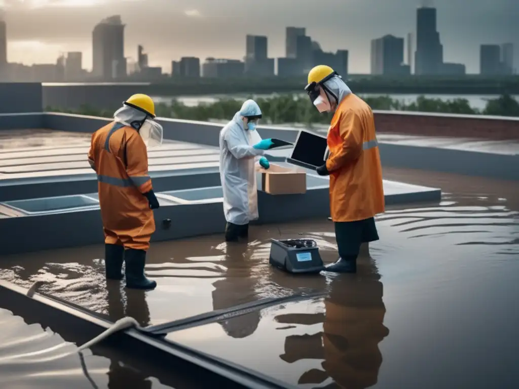 A team of scientists fiercely battling floodwater on a rooftop research project, wearing protective gear and working tirelessly to save the city below