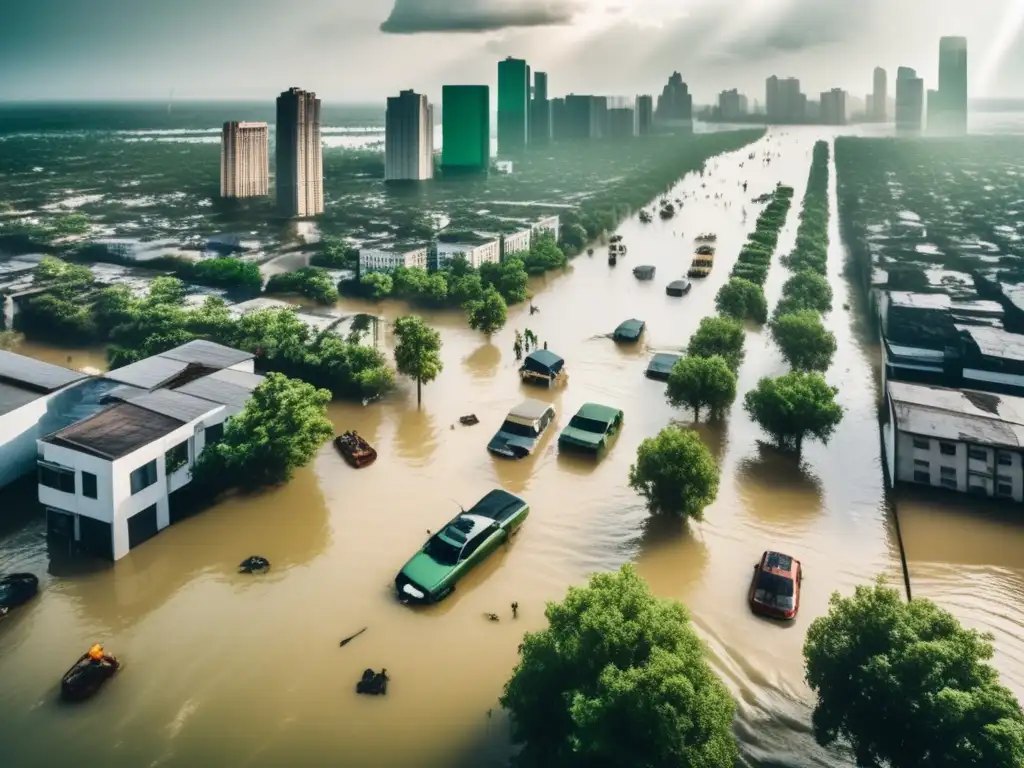 At the heart of the image, a bustling city has been claimed by the water