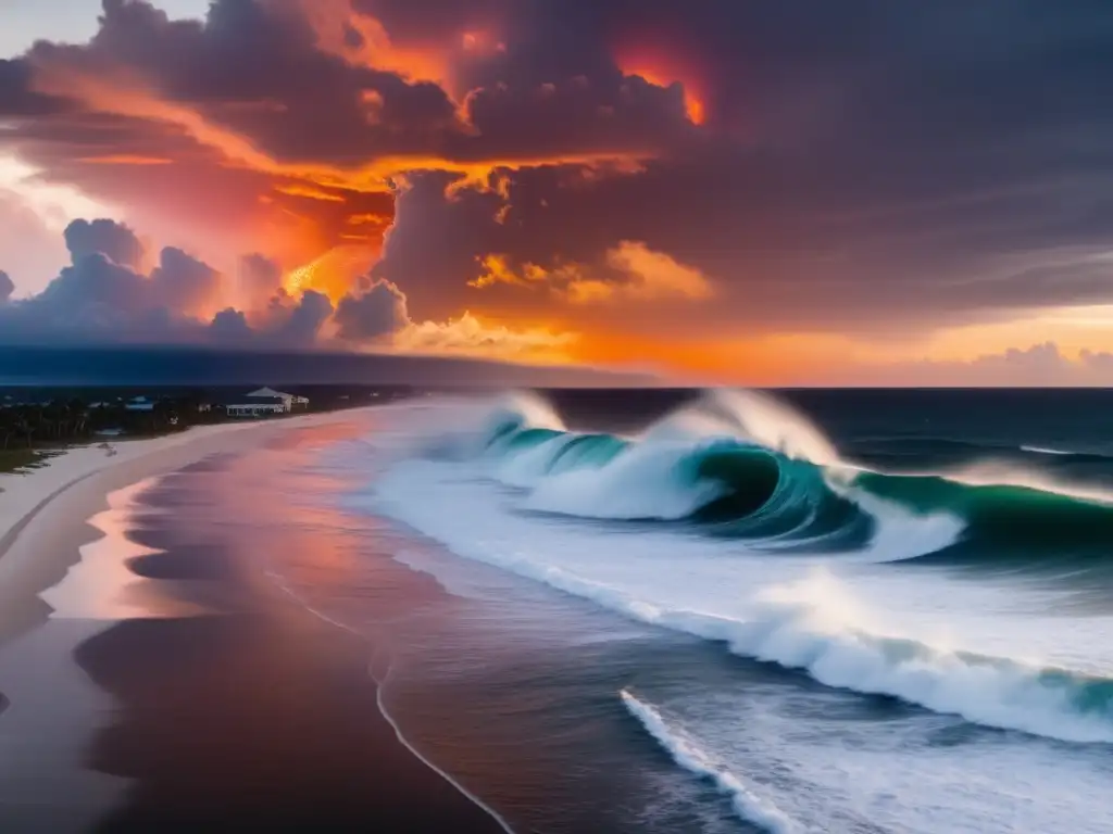 A storm brews as a dark, rough sea roars against the Florida coast, casting lightning on a fiery sunset while a Hurricane rages in the distance