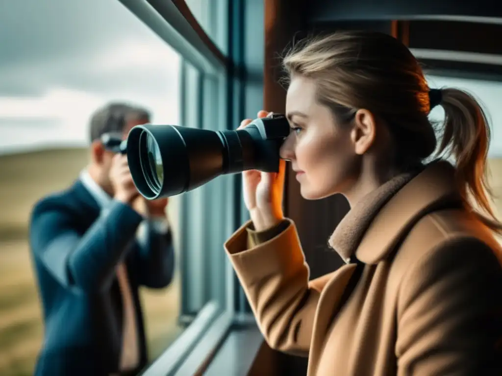 A person in deep concentration studies a pair of high-quality binoculars through a darkened window, with a cinematic gaze, in a muted background