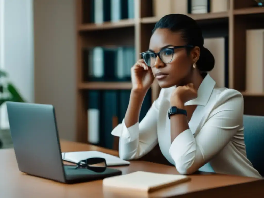 A focused woman in her early 30s adjusts her glasses while working diligently with a stern expression