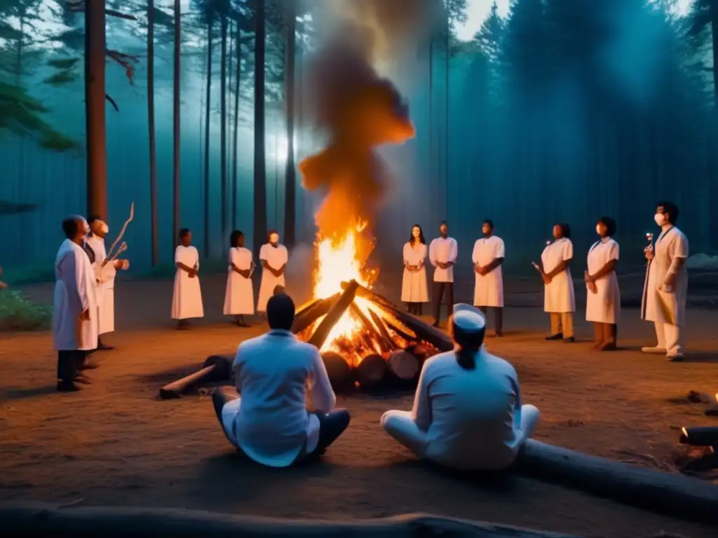 A haunting image of a bonfire in the heart of a dense forest, with a group of people gathered around, holding torches and singing together