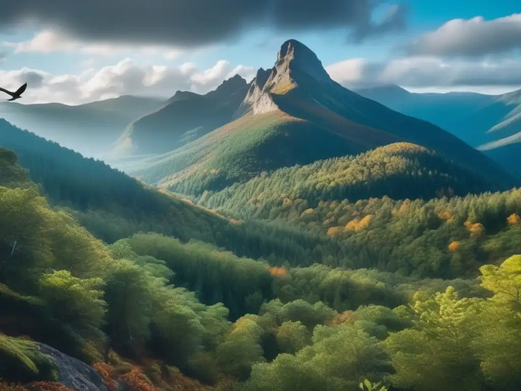 A stunning cinematic shot of a dense forest, with crunching leaves and birds singing in the background