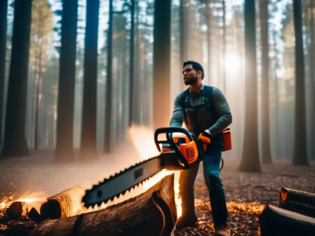 A lone figure stands tall in a glowing chainsaw, surrounded by rustling trees, with determination etched on their face in this cinematic forest scene