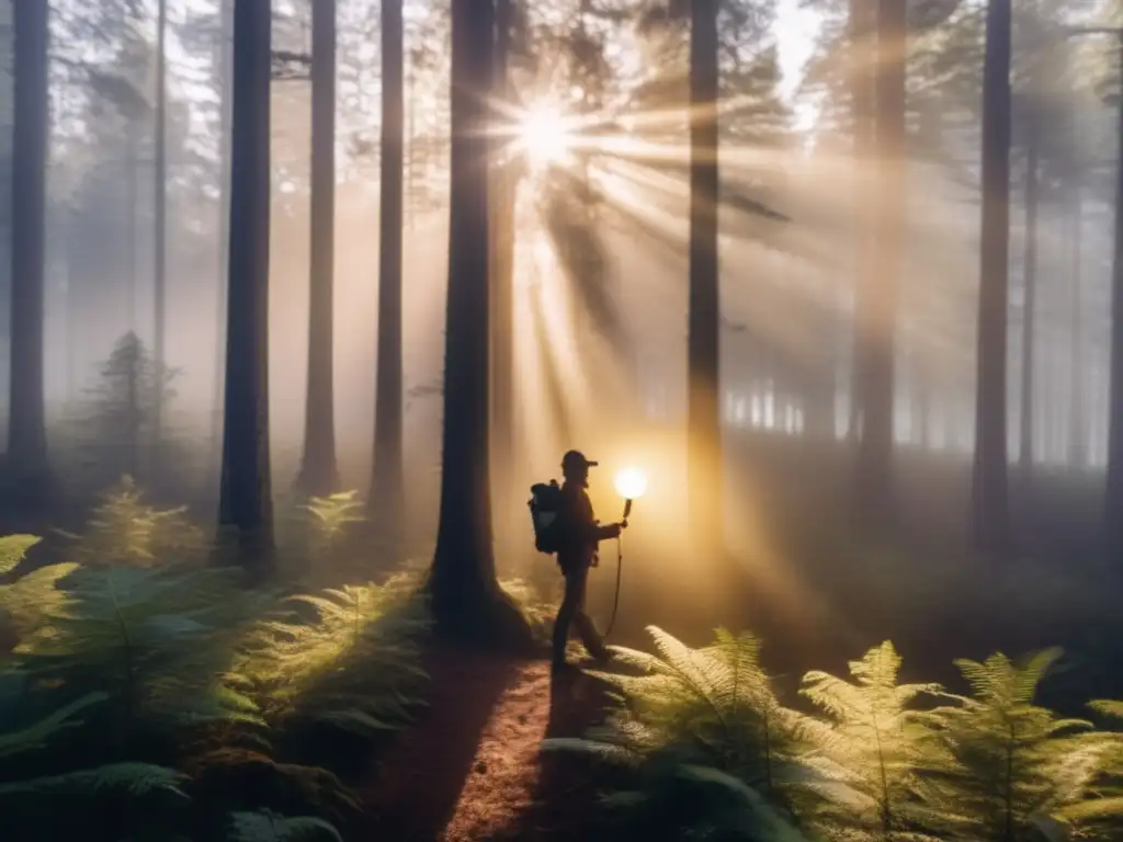 A person in a remote forest, carrying a personal locator beacon and a map