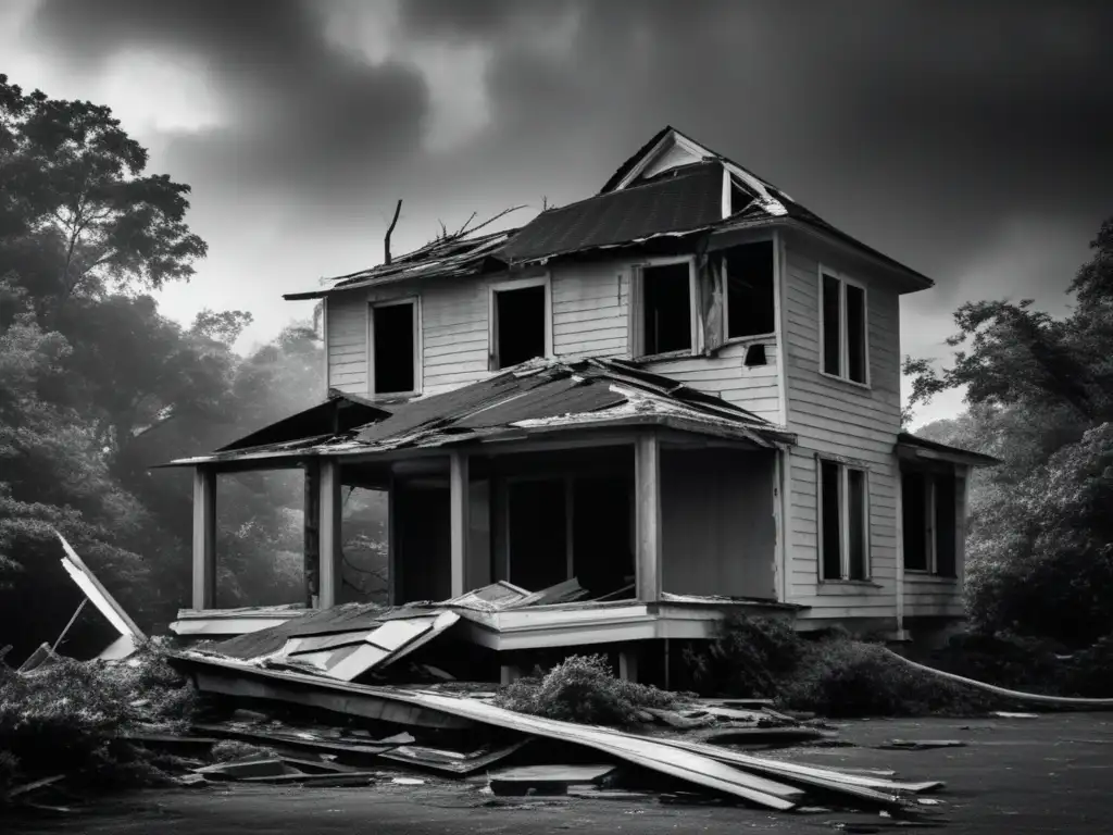 A dramatic and ominous black and white photograph of a battered and weather-beaten house with its roof blown off, surrounded by trees and debris