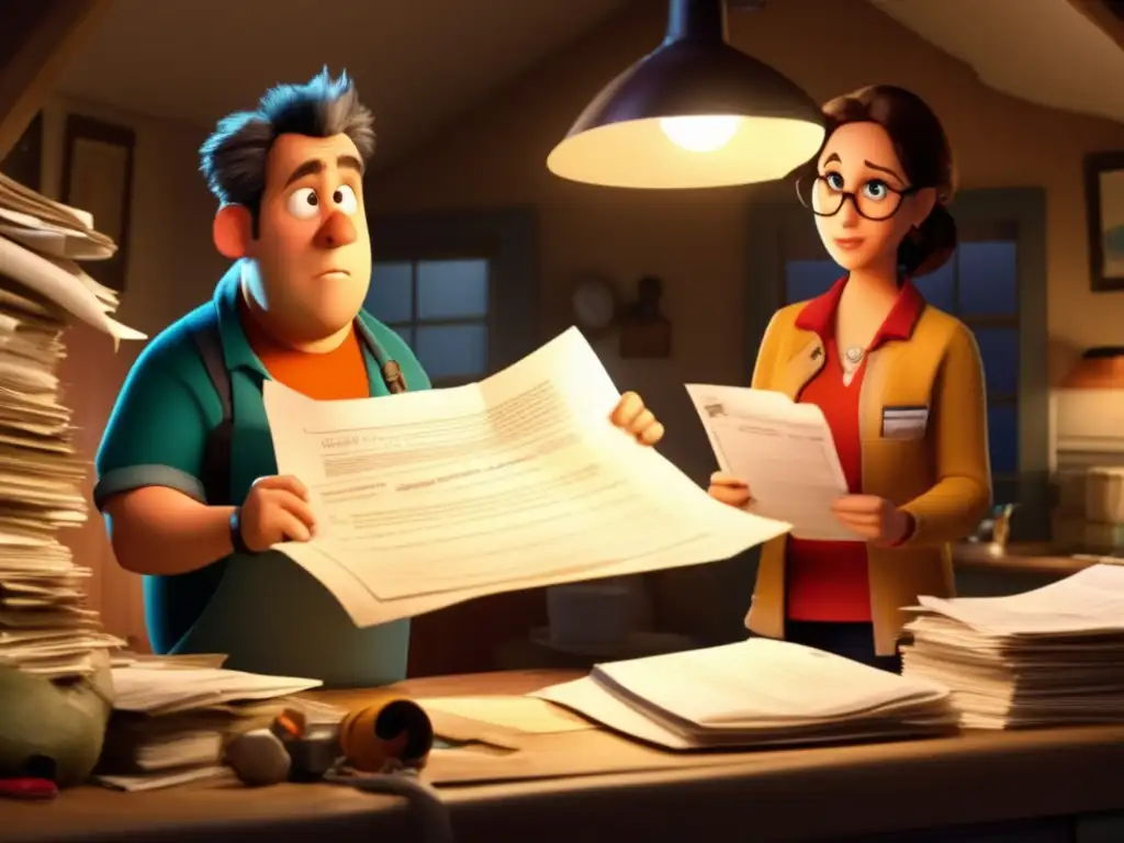 > A chaotic home, two characters struggle to fix a leaky faucet and find important documents amidst clutter