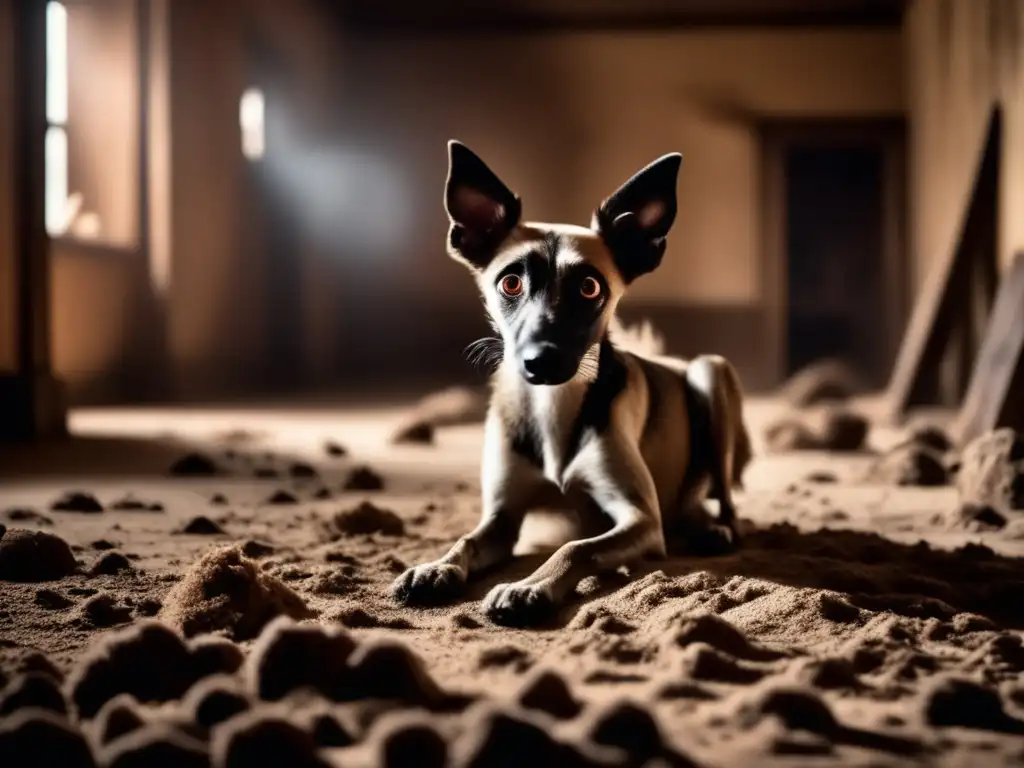 Horrified gaze in chaos - Emaciated pet survivor amidst waste, weeping and shivering in a devastated room