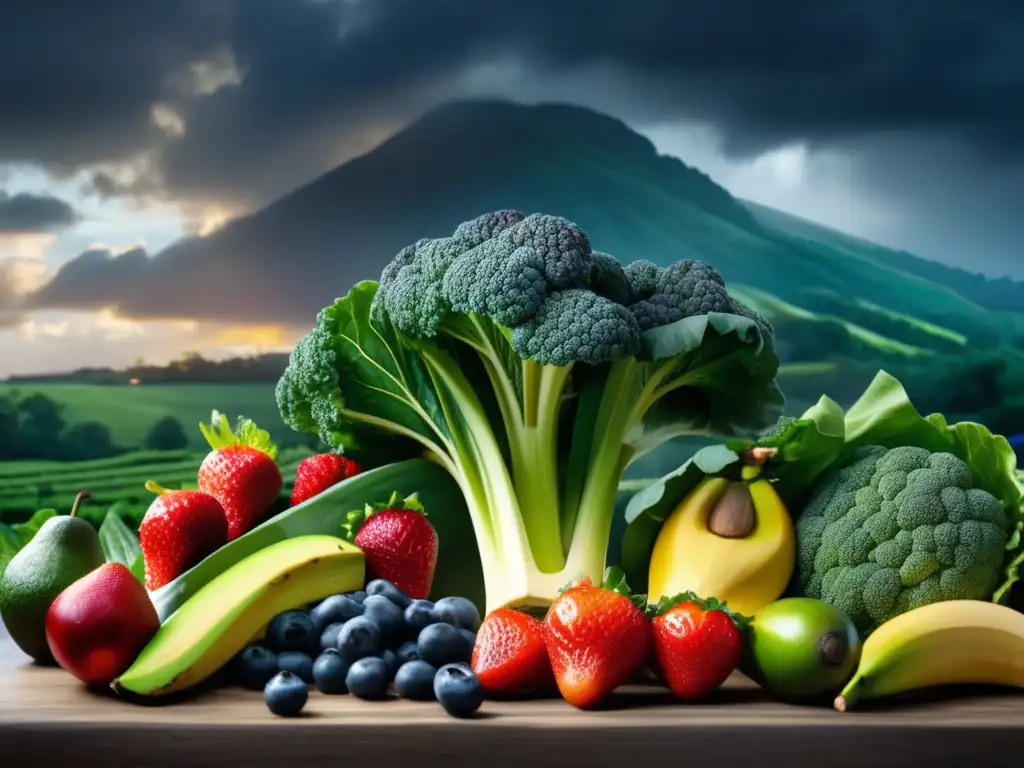 The cinematic image of a table brimming with fresh produce, lit by a single spotlight, exudes a sense of nourishment and urgency