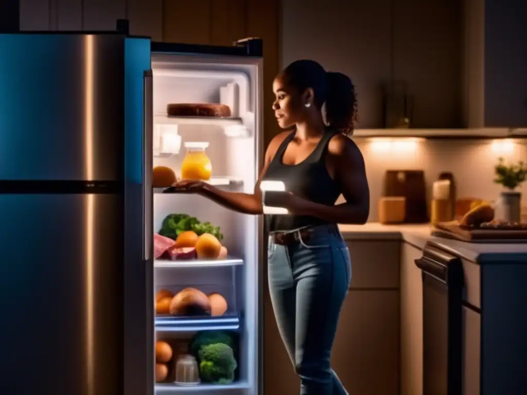 A woman stands in the dark, holding a flashlight while examining a fridge