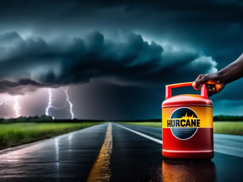 Amidst the storm's tempest, rain and lightning threaten us all, yet, a determined figure stands tall and secure, holding a gas can with a fuel stabilizer, ready to face whatever nature may throw their way