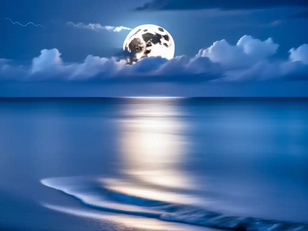 Serene full moon rises over calm ocean, hinting at incoming storm in the distance