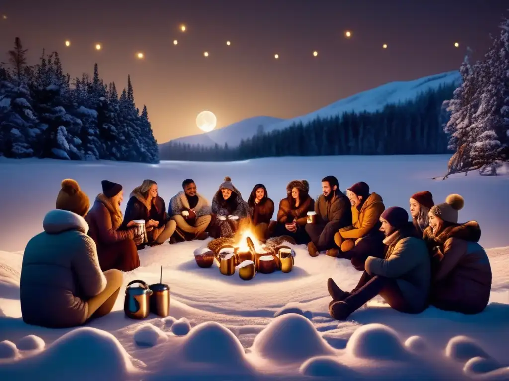 A group of people, under the light of the full moon, huddled together for warmth in the snowy wilderness