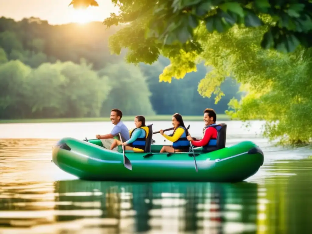 A family enjoying a day on the water using an inflatable boat as the main focus of the image