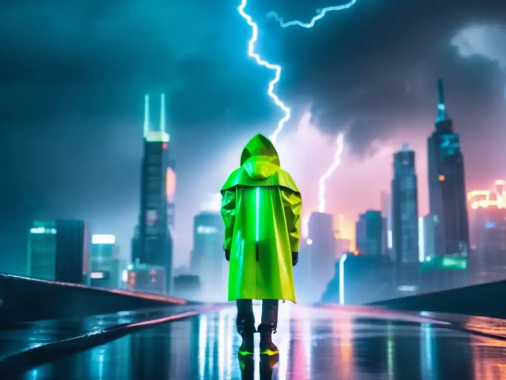 A person in the heart of a stormy futuristic city, their sleek raincoat visible through hazy rain and smoke