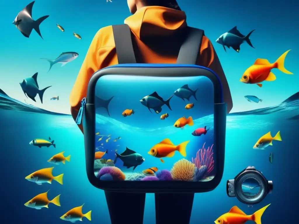 A captivating underwater world, illuminated by neon colors and exotic marine life, draws in a person clutching a waterproof pouch tightly in their hand