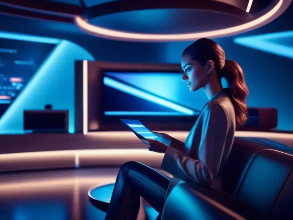 Anxious woman at futuristic living room console, surrounded by sleek electronics and floor-to-ceiling screens, as she hunts for the perfect antenna