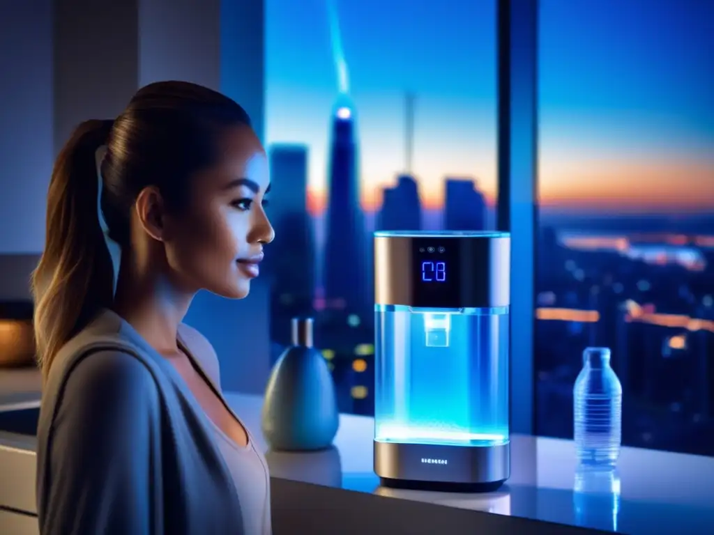 A woman in a modern kitchen stands tall and confident, holding a sleek and compact UV water purifier