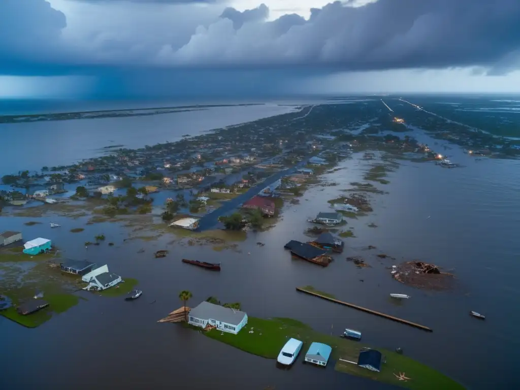 Galveston's cityscape lies in ruins after Isaac's Storm's devastation, with wreckage scattered across the landscape